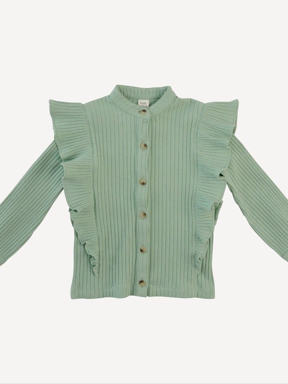 NWT 2T Kate Quinn long sleeve button down ruffle top smoke green cotton wide rib